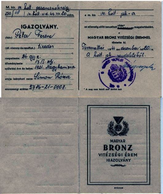 Horthy bronz vitézségi igazolvány