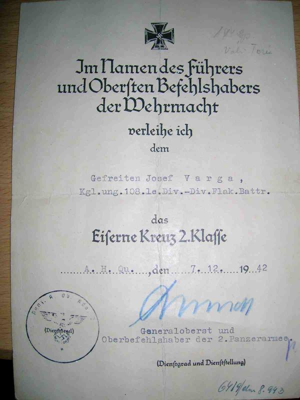 2. osztályú vaskereszt adományozója, a 2. páncéloshadsereg vezérezredes által aláírva.
