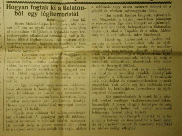 Balatonba zuhant Liberátor 1944 július