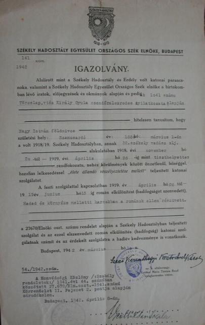 Székely Hadosztály Egyesület papír