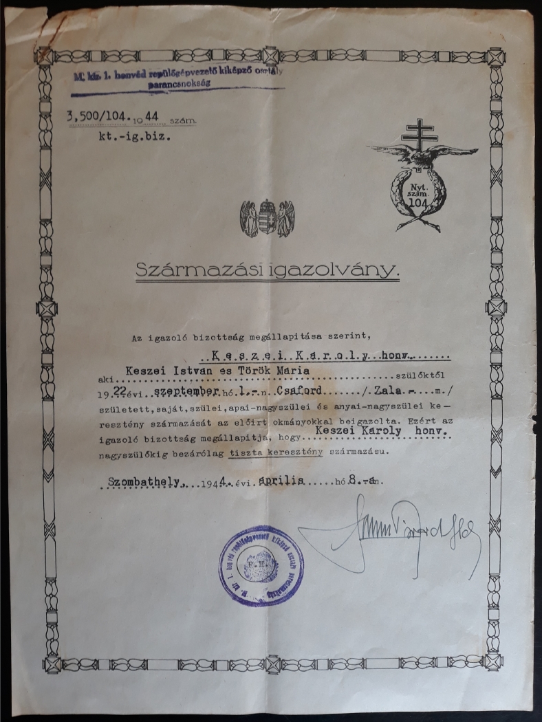 Katonai származási igazolvány – Szombathely 1944