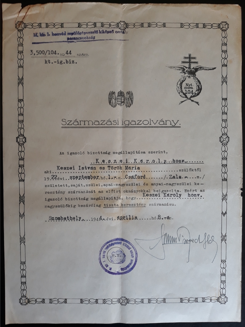 Katonai származási igazolvány – Szombathely 1944 Katonai származási igazolvány – Szombathely 1944