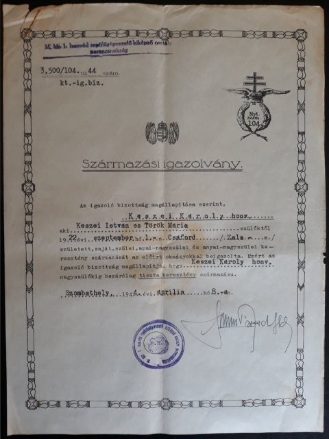 Katonai származási igazolvány – Szombathely 1944