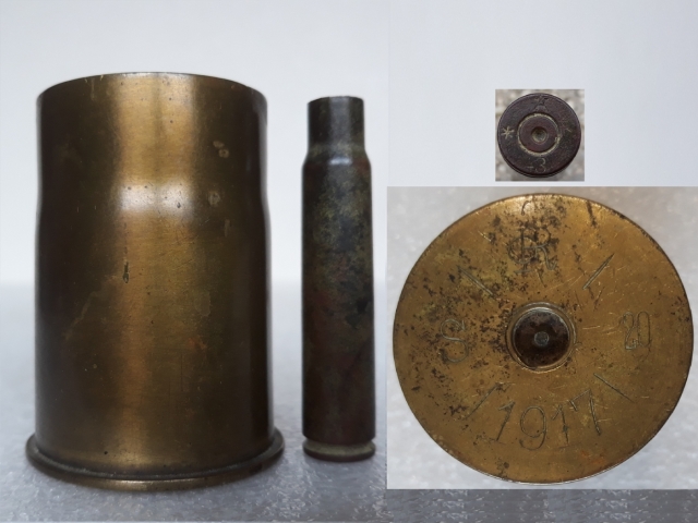 3,7 cm M.15 Infranteriegeschütz (37X57 mm) lövészárok ágyú lőszerhüvelye és egy 7,92x57 mm Mauser lőszerhüvely