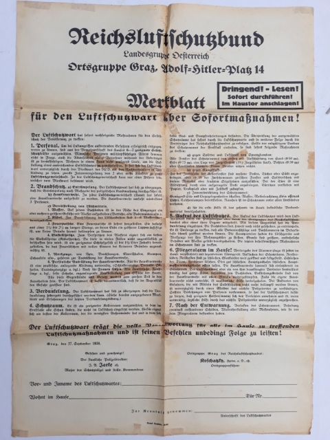 A Birodalmi Légoltalmi Szövetség plakátja Ausztriából – 1938. 09. 27. Graz, Adolf Hitler tér 14.
