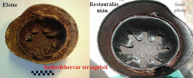 Német rohamsisak (M 35) restaurálás előtt, és után.