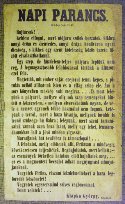 Napi Parancs Komáromból, 1849. okt. 3.