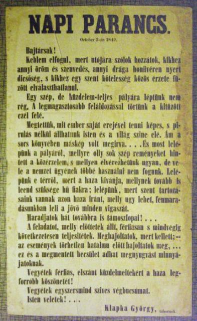 Napi Parancs Komáromból, 1849. okt. 3.