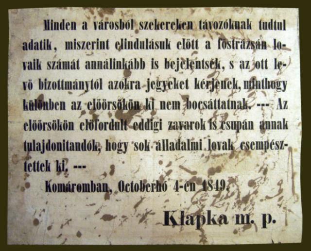 Hirdetmény Komáromból, 1849. okt. 4.