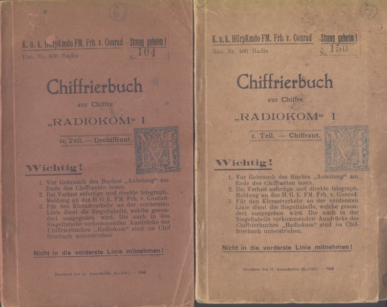 Streng geheim! - I. világháborús Osztrák-Magyar rádiós Chiffrierbuch (I. könyv kódoló, II. könyv dekódoló)