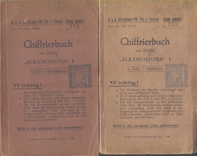 Streng geheim! - I. világháborús Osztrák-Magyar rádiós Chiffrierbuch (I. könyv kódoló, II. könyv dekódoló)