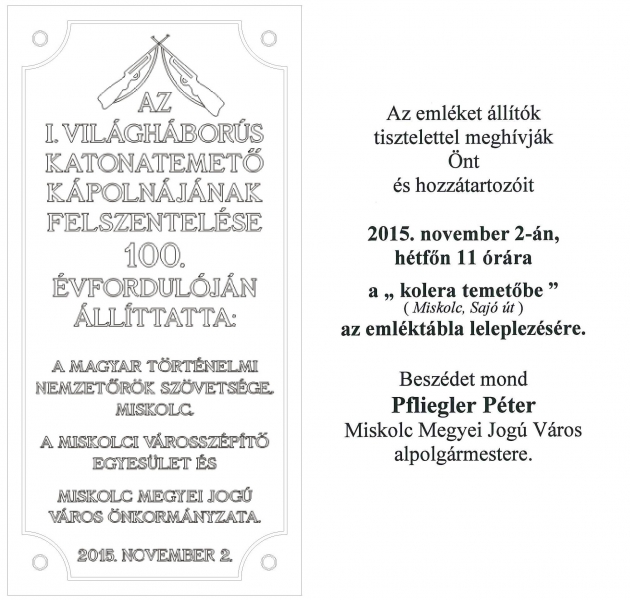 Meghívó emléktábla avatásra - Miskolc, november 2